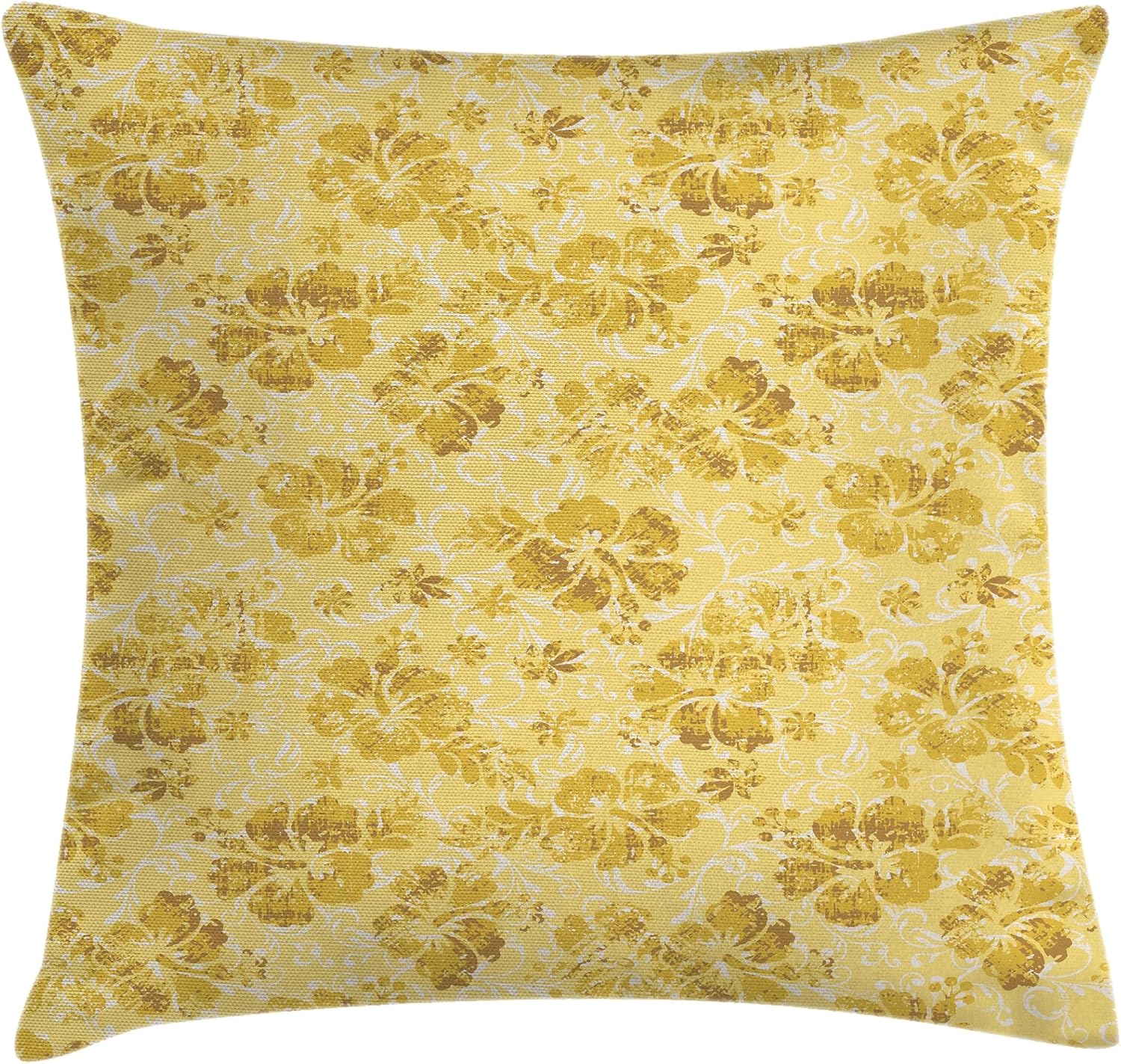 Ambesonne Hawaiian Throw Pillow Cushion Cover, Hibiscus Flowers Pattern Grunge Tropical Beach Theme in Hawaii Nature Picture, Decorative Square Accent Pillow Case, 20" X 20", Yellow White
