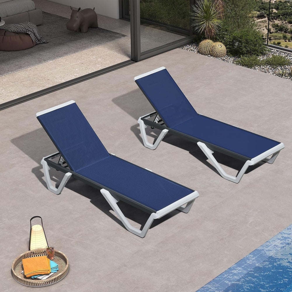 PURPLE LEAF Pool Lounge Chairs Set of 2 Chaise Lounge w/Wheel, Navy Blue | 5 ...