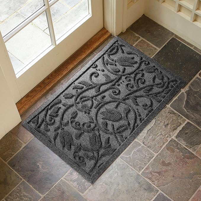 Boho Grey Floral Leaves Outdoor Indoor Entrance Doormats, Absorbent Durable - Image 3
