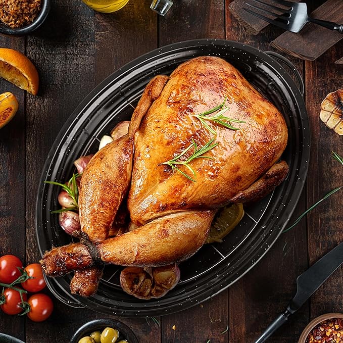 18” Roaster Pan with Lid and Rack, Large Enamel Roaster Pan with Oval Roasting - Image 8