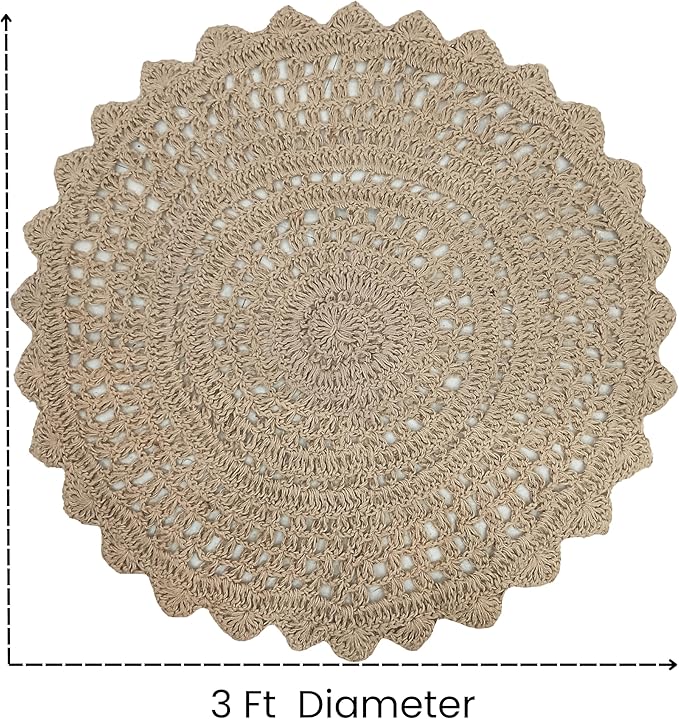 Hausattire Hand Woven Jute Crochet Rug, 3’ Round – Natural, Anti-Slip Accent - Image 2
