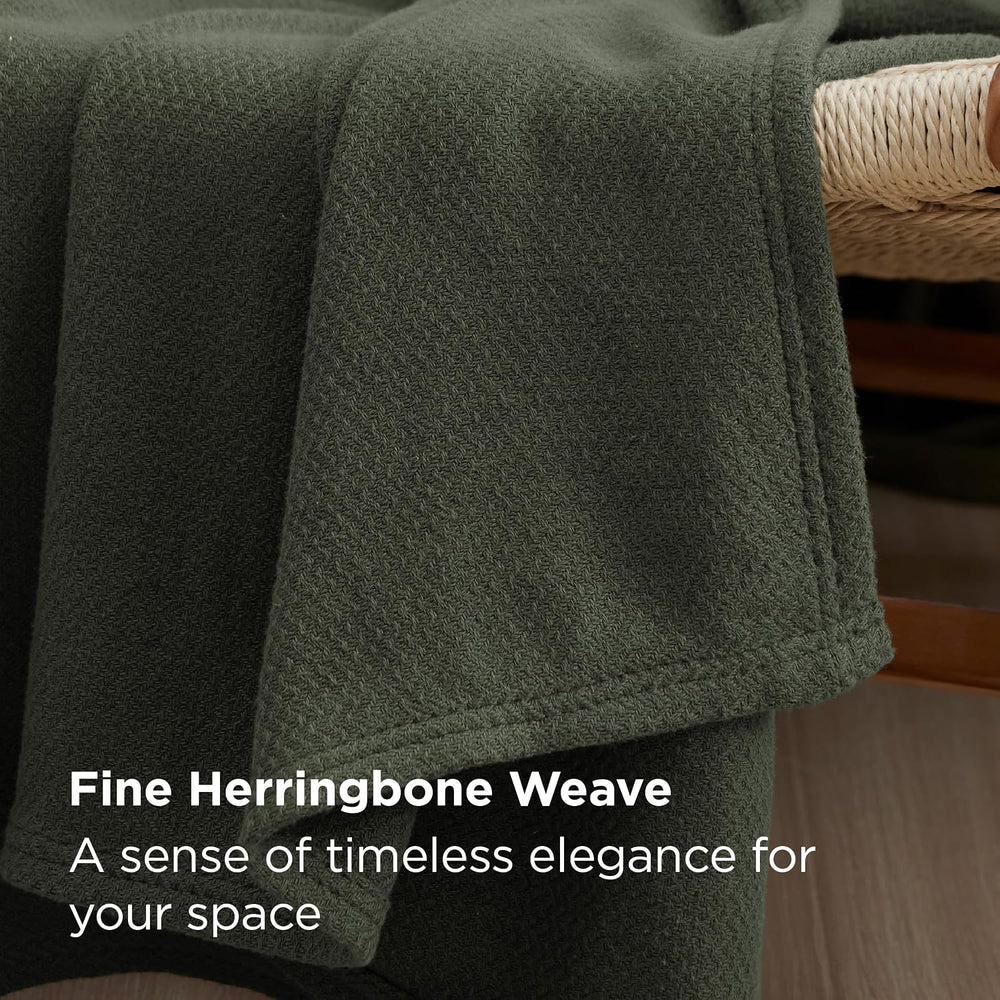 Bedsure 100% Cotton Blanket, Herringbone Weave, Queen Size, Olive Green