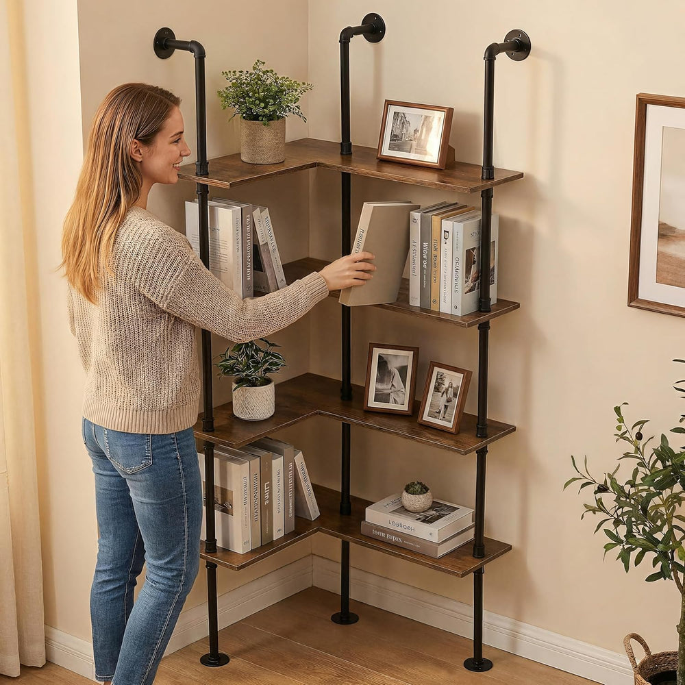 Industrial Pipe Corner Bookshelf, Wall Ladder Shelves/Shelving/Bookcase | 4 T...