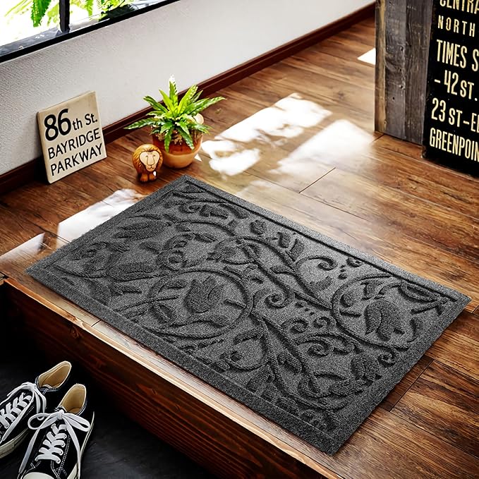Boho Grey Floral Leaves Outdoor Indoor Entrance Doormats, Absorbent Durable - Image 4