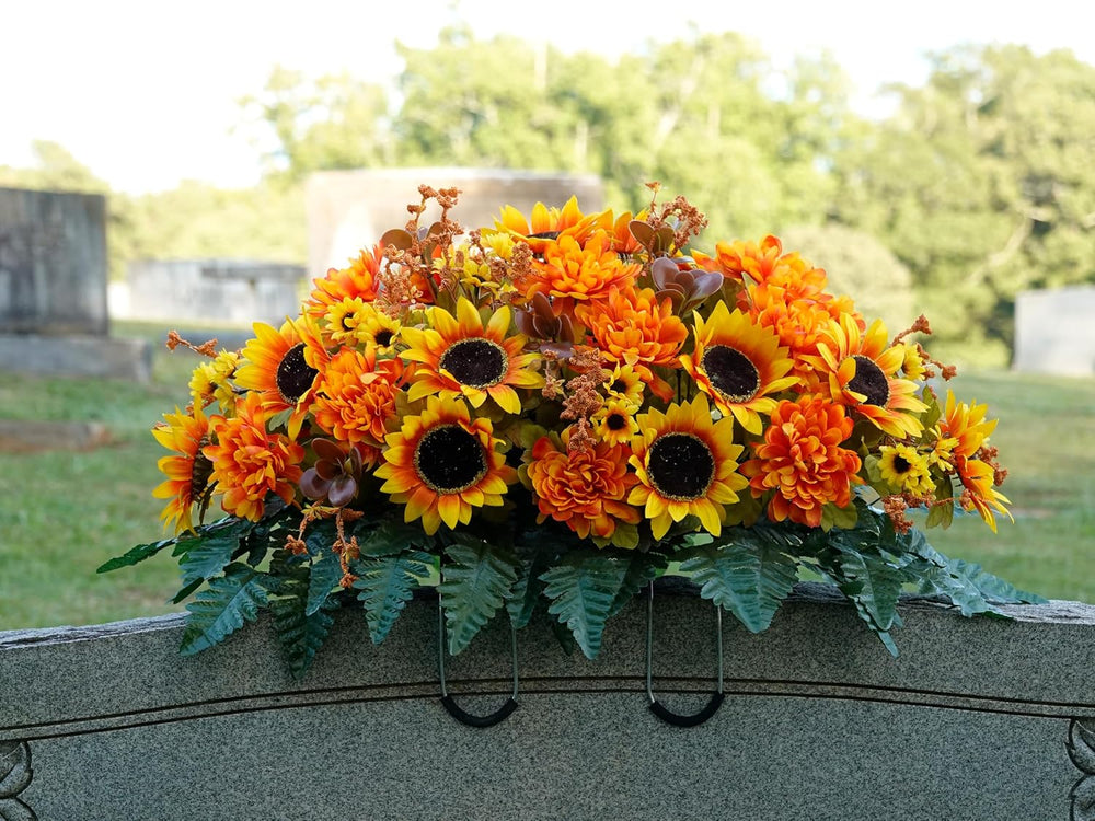 Sympathy Silks 30-Inch Fall Headstone Saddle, Sunflowers & Amber Mums