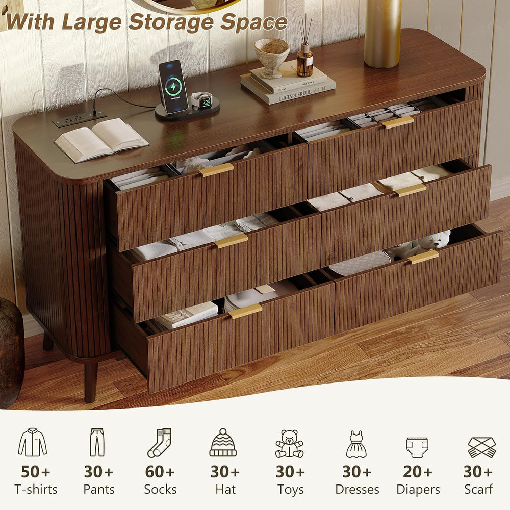 Alohappy Fluted Dresser with Charging Station, 57" W 6-Drawer, Walnut