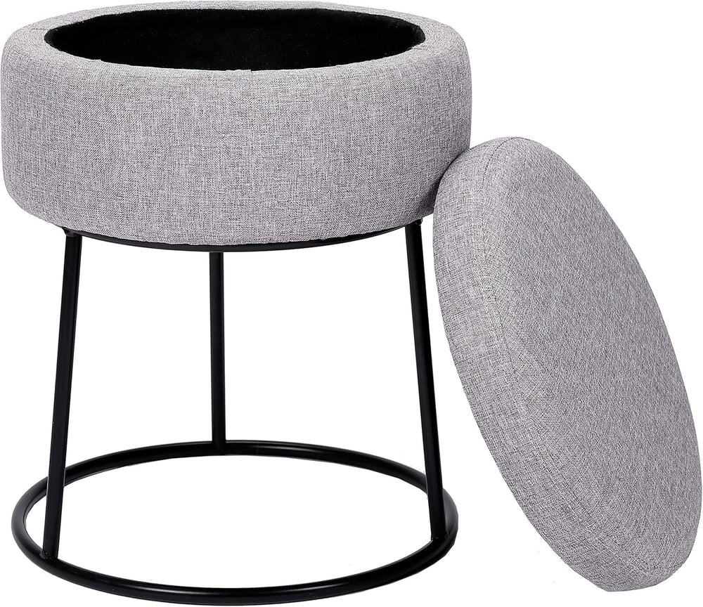 BIRDROCK HOME Grey Linen Storage Stool Ottoman w/Black Metal Leg Base, Soft C...
