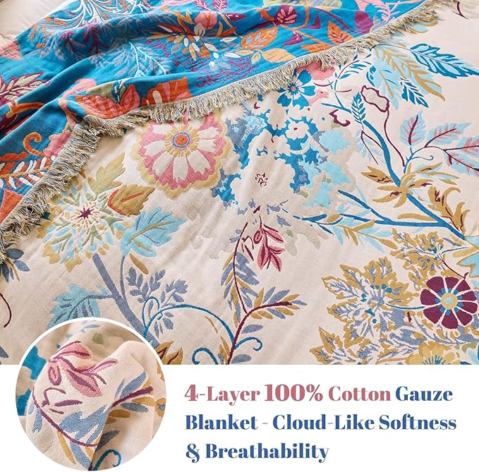 MSGKV Boho Throw Blanket for Bed Cotton 60"x80" Floral Blanket Twin Size Couch - Image 4