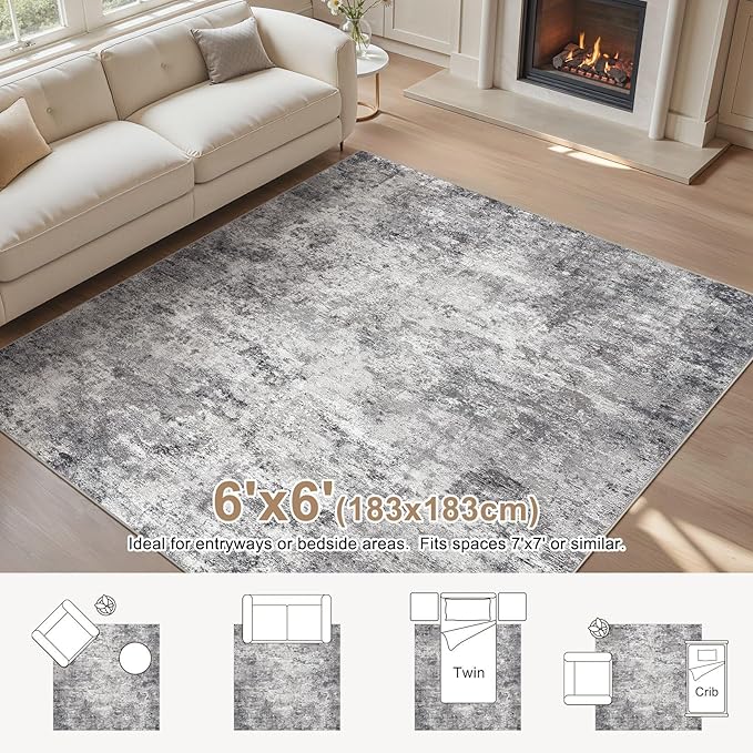 UERMEI Square Area Rugs : Washable 6x6 Neutral Modern Abstract Carpet - Image 2