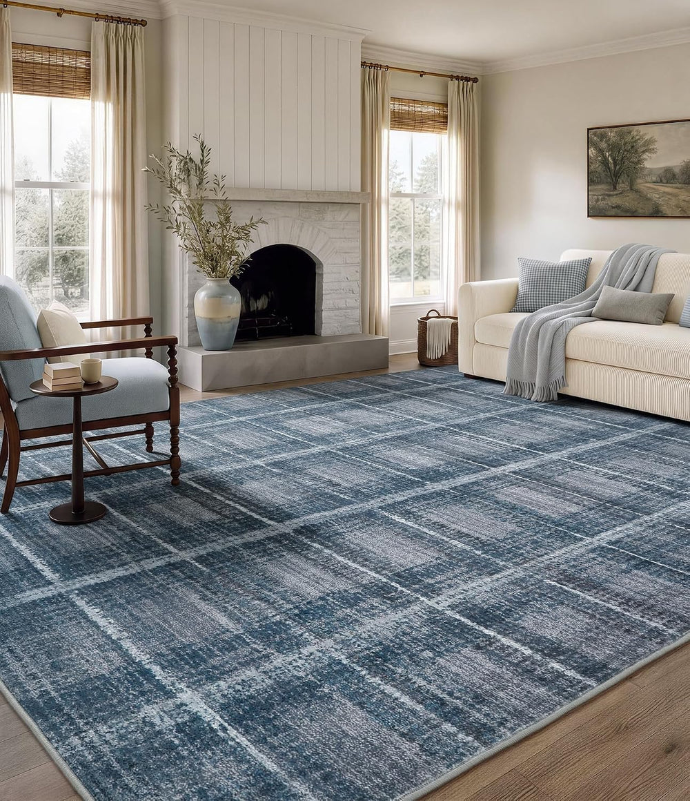 YIHOUSE 9x12 Blue Grey Distressed Plaid Area Rug for Living Room