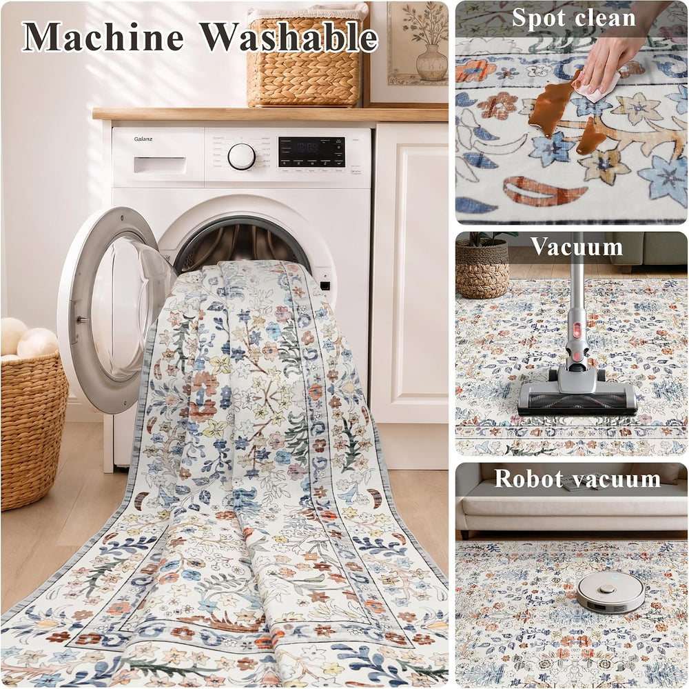 Area Rugs 8x10 Washable Non-Slip: Floral Vintage Rug for Living Room Beige