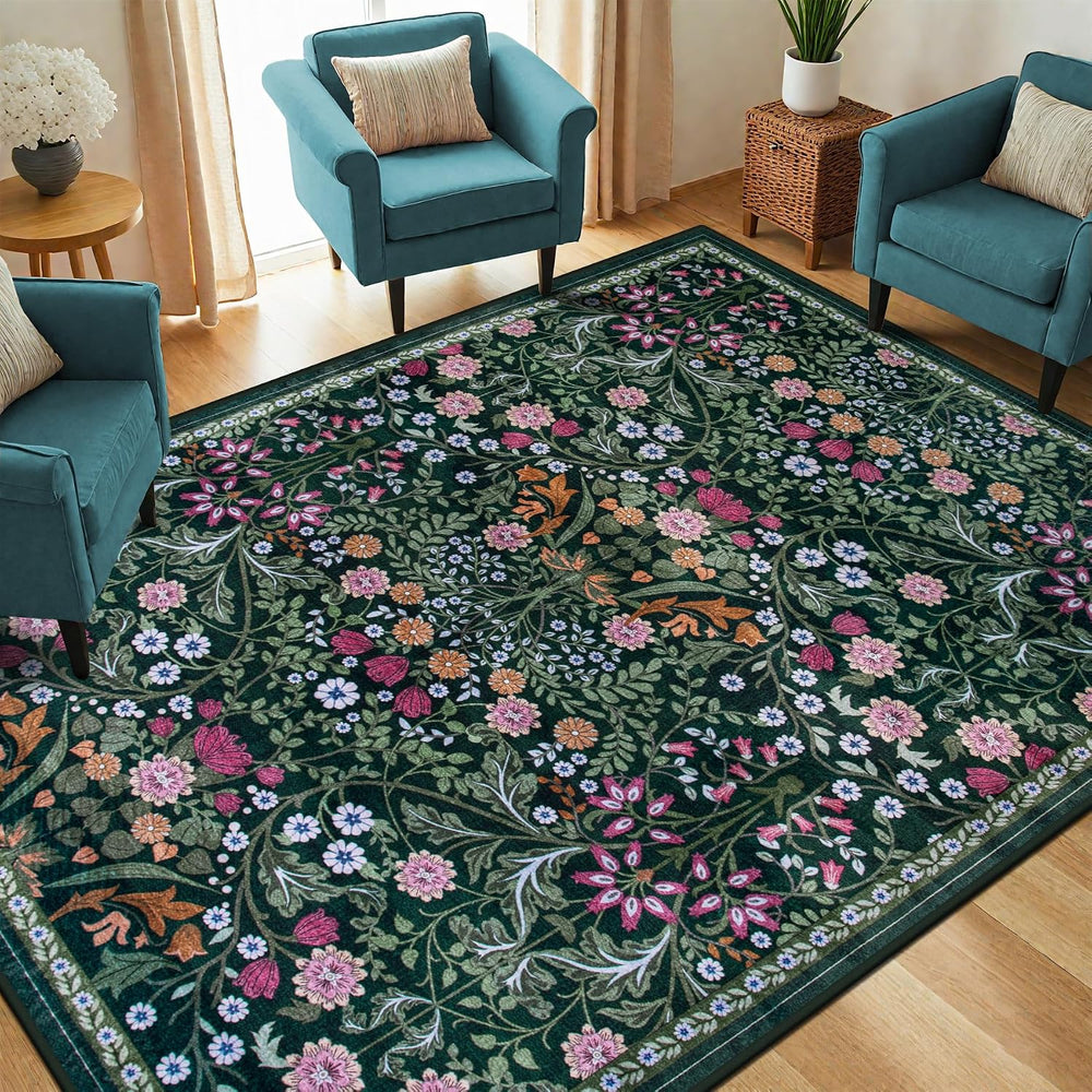 PLHXFR 6x9 Area Rug Living Room: Floral Washable Boho Carpet Dark Green