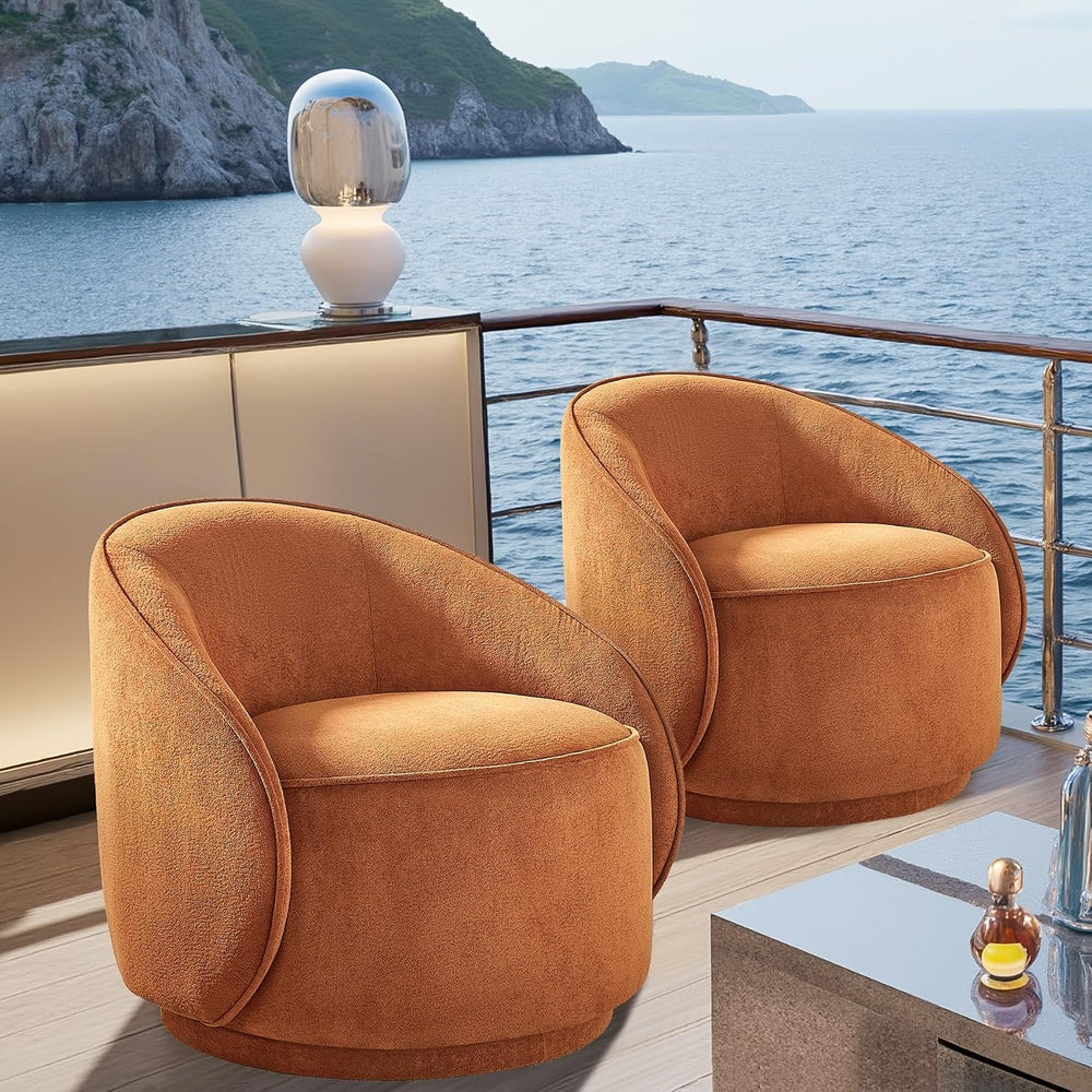32" W Swivel Barrel Chair Set of 2, 360° Comfy Chenille Curry