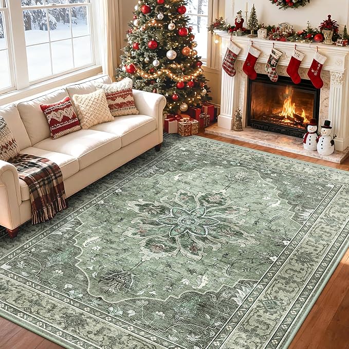 Area Rugs 8'x10' Washable Non-Slip, Floral Vintage Distress Print Pattern - Image 2