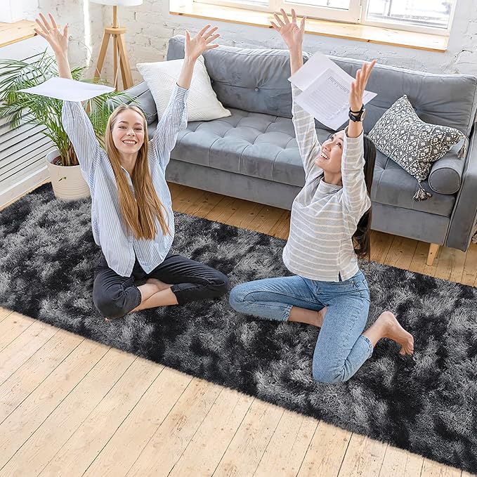 Tie-Dyed Runner Rug for Bedroom Black Grey 2x10ft Fluffy Area Rug Bedside - Image 2