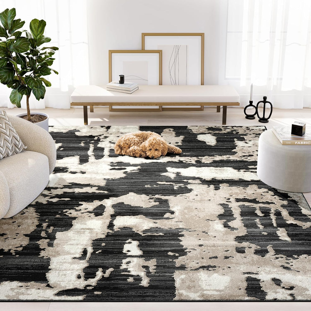 Abani Black and Cream Area Rug | 8' x 10' Tan and Beige Abstract Patt...