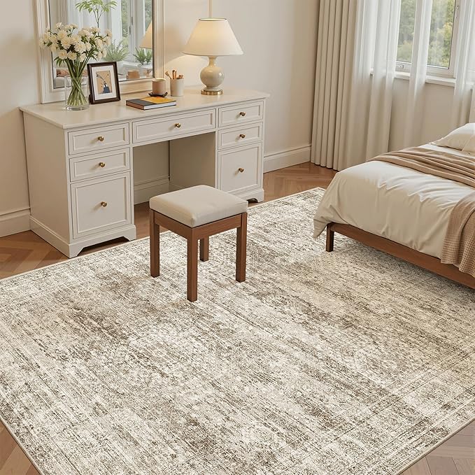 5x7 Area Rugs Brown Low Pile Indoor Washable Trendy Faded Style Rugs - Image 4