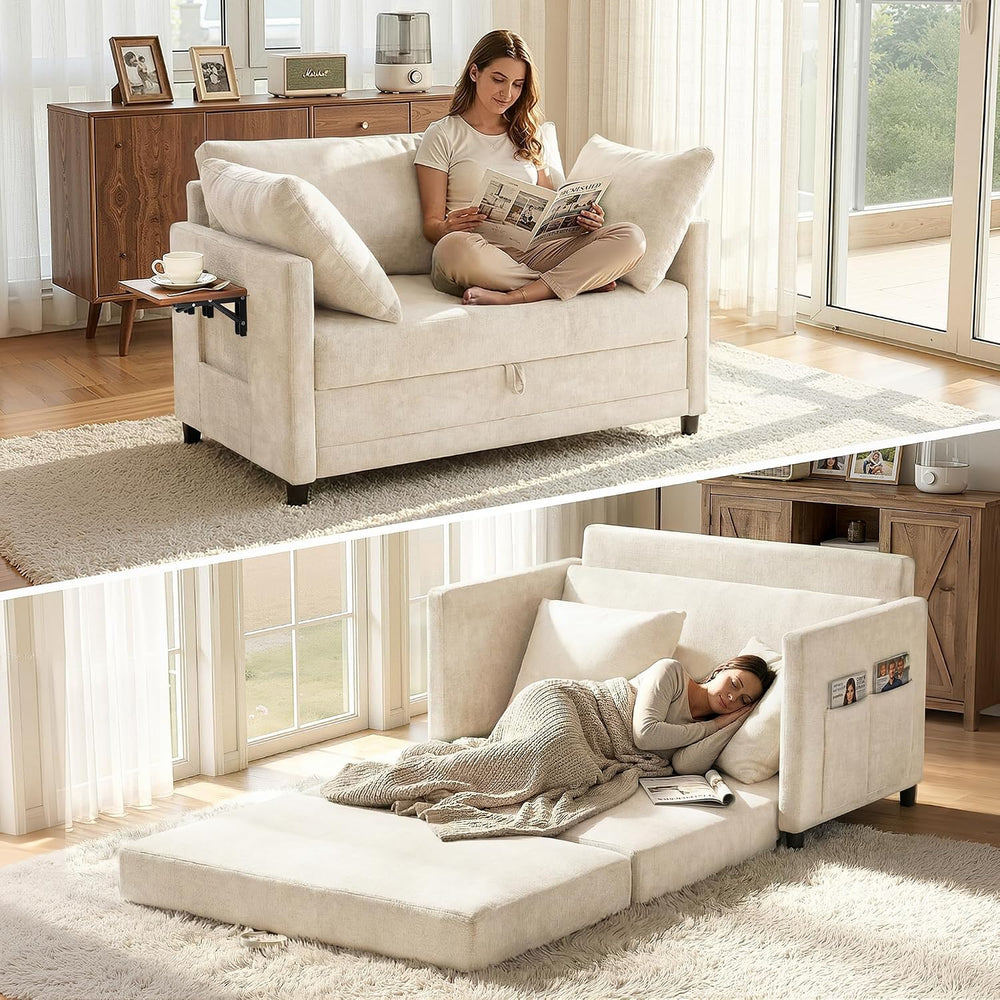 Convertible Sofa Bed with Foldable Side Table, 51" Pull Out Sleeper Couc...