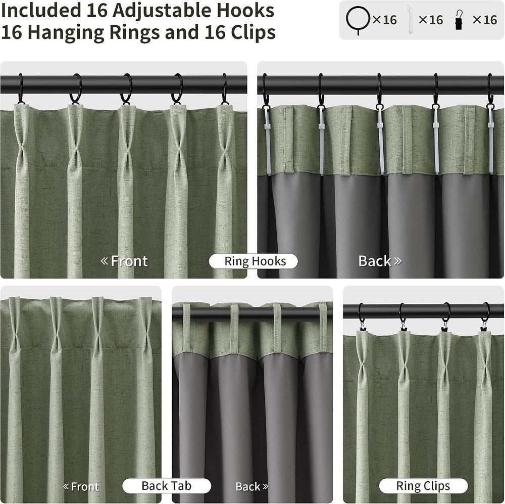 Joywell 100% Blackout Linen Pinch Pleated Curtains 84 Inch Long Sage Green