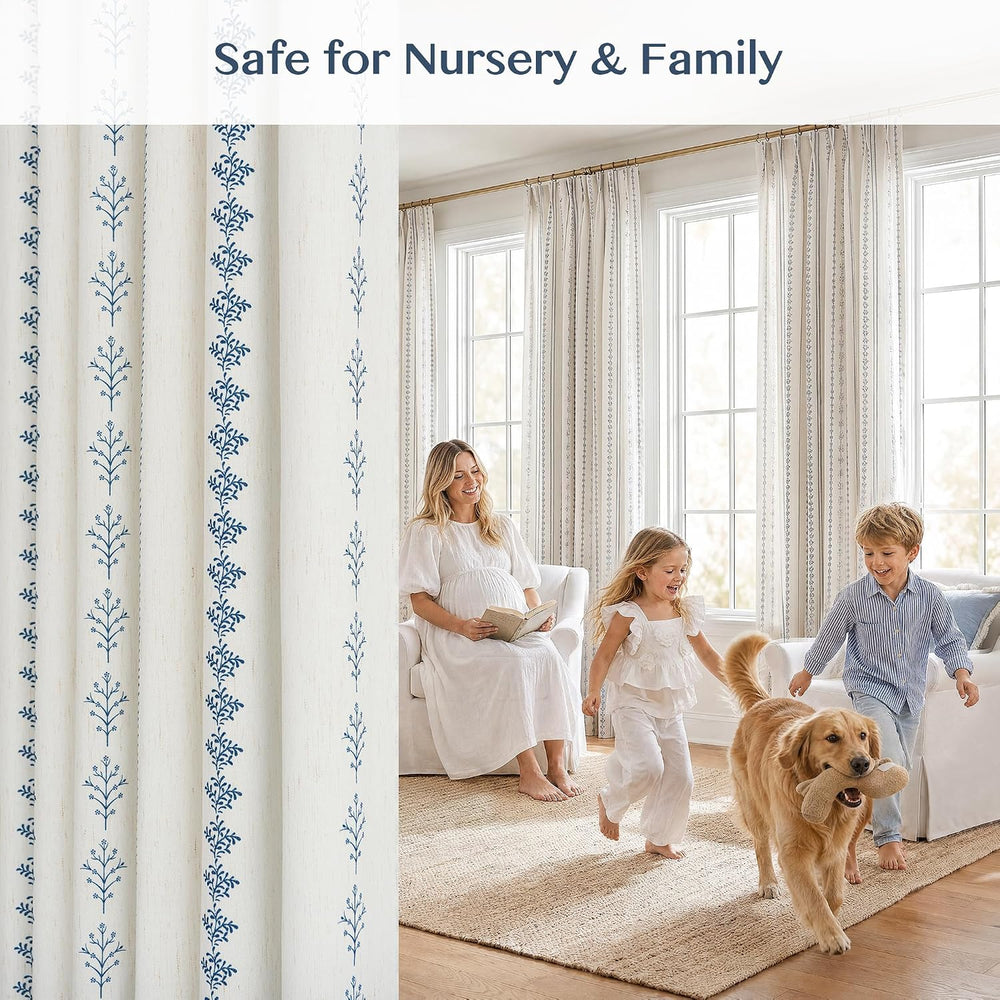 Navy Blue Floral Pinch Pleated Curtains 96 Inches Long, Block Print Vintage F...
