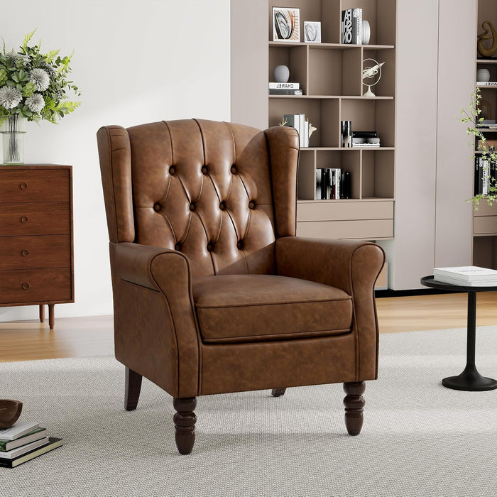 Mid-Century Modern Wingback Accent Chair - Luxe PU Faux Leather Upholstery with Solid Wood Legs, Ergonomic High Back Design - Water Resistant Living Room, Bedroom & Home Office Chair (Brown)
