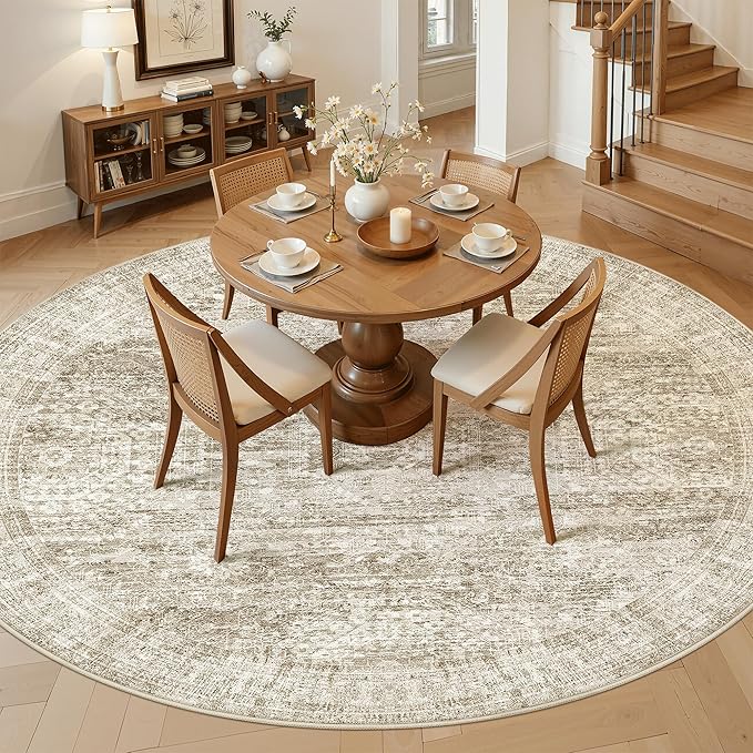 8x8 Brown Round Rug 8ft Living Room Circle Rug Vintage Round Area Rug Non Slip - Image 3