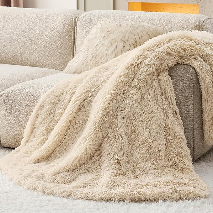 Bedsure GentleSoft Fuzzy Sherpa Faux Fur Blanket Beige Cozy Gifts - Image 9