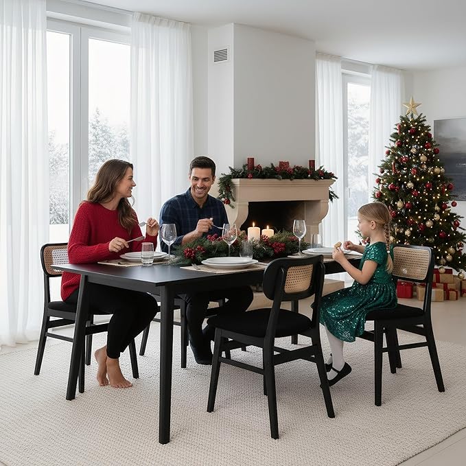 Black Rattan Dining Chairs Set of 6 Lambswool Dining Room Chairs Natural Wood...