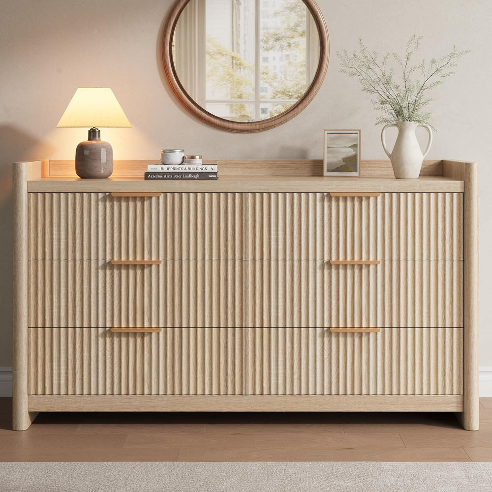 Decofy 6 Drawer Dresser for Bedroom, Fluted Dressers with Rounded Edge & ...