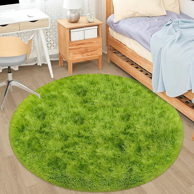 4x4 ft Tie Dye Green Round Rug for Bedroom Room Fluffy Circle Rug Furry Carpet - Image 6