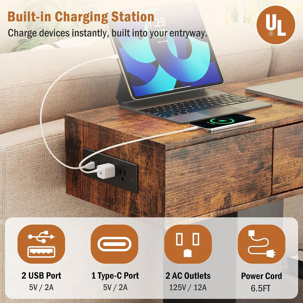 63" Long Console Table with LED Lights & Charging Station,2-Tier Ent...