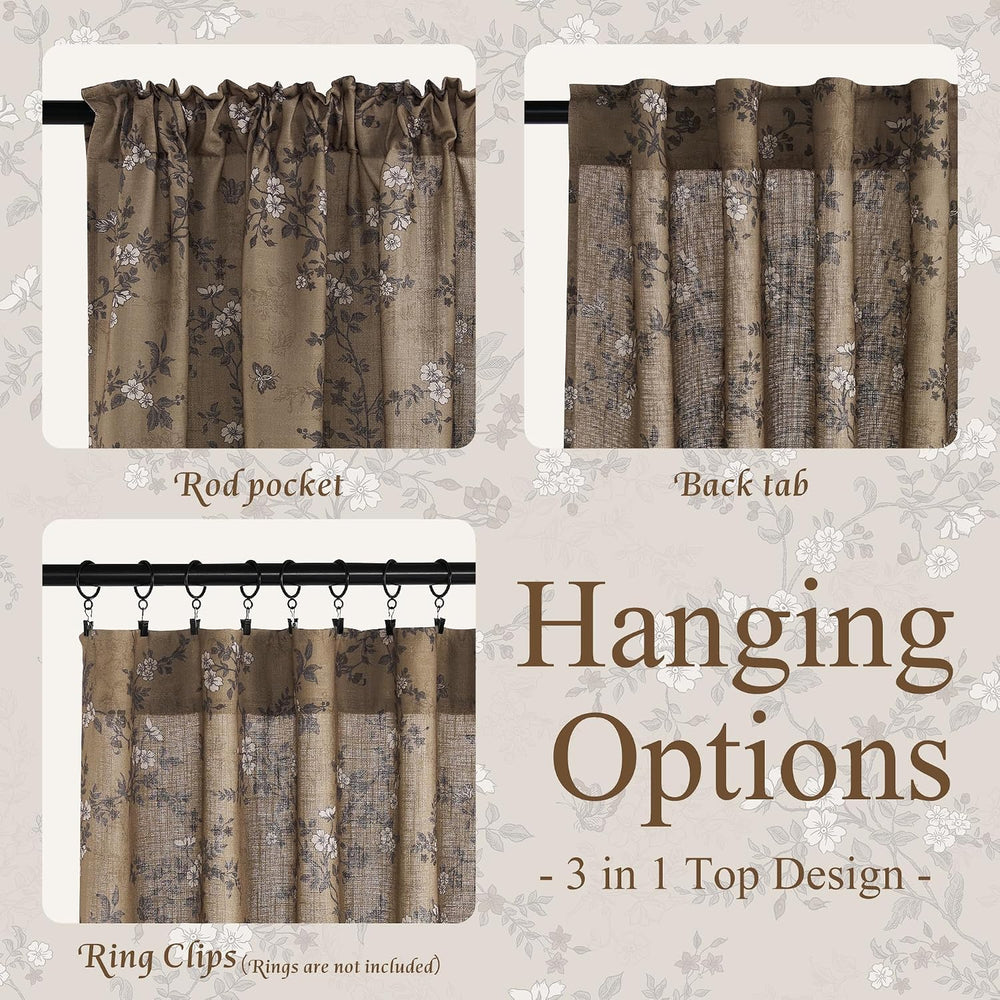 StangH Brown Linen Curtains Floral Print, W52 x L84, 2 Panels