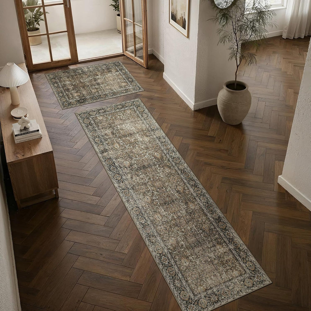 Brown Kitchen Rug Set 2 Piece 2x3+2.6x8 Vintage Distressed | Washable, Non Slip, Low Pile, Floor Mats for Entryway, Kitchen, Bathroom, Laundry Room, Farmhouse Decor