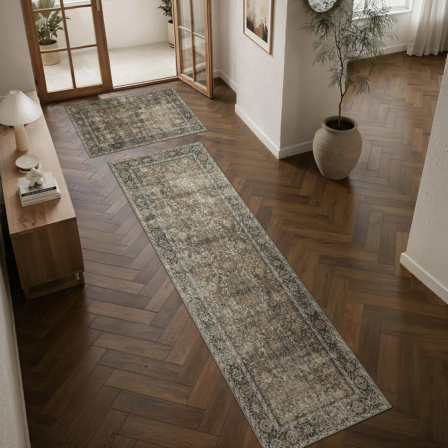 Brown Kitchen Rug Set 2 Piece 2x3+2.6x8 Vintage Distressed | Washable, Non Slip, Low Pile, Floor Mats for Entryway, Kitchen, Bathroom, Laundry Room, Farmhouse Decor