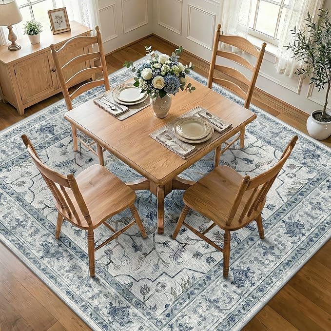 Area Rugs Square 7ft Washable Non-Slip, Floral Vintage Distress Print Pattern by RELEANY