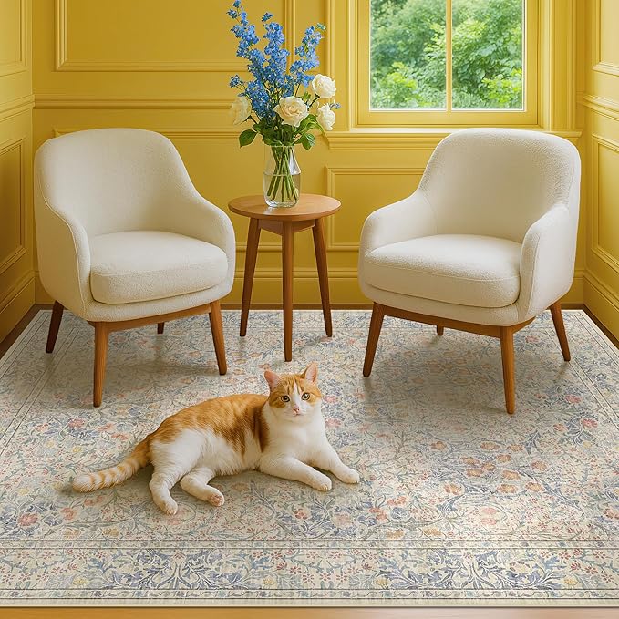 Beige Blue Living Room Rug 5x7, Cottage Area Rug by HazoHaus