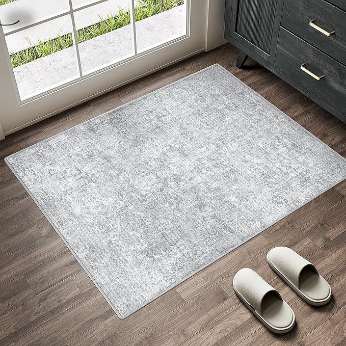 2x3 Entryway Area Rug Vintage Washable Small Carpet Indoor Non Slip Grey by PureCozy