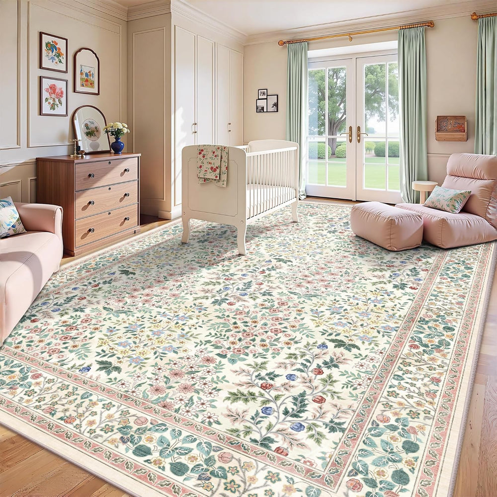 8x10 Area Rugs, Machine Washable Low Pile Floral Rugs for Living Room, Bedroo...