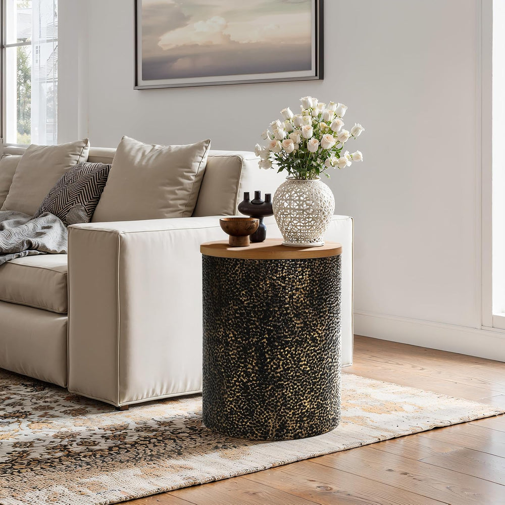 LuxenHome Round Side Table, 20" Black and Gold Metal Base with Wood Top,...