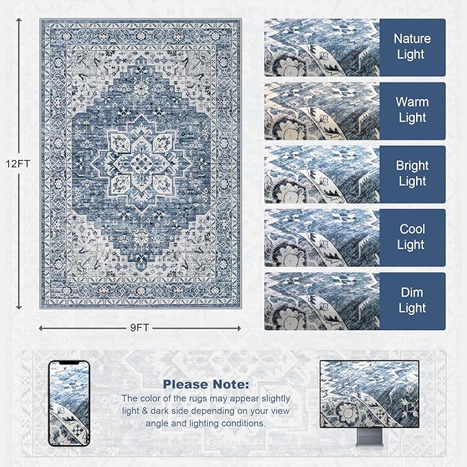 Area Rugs 9x12 Living Room Rug: Washable Rug Soft Vintage Boho Medallion Carpet - Image 2
