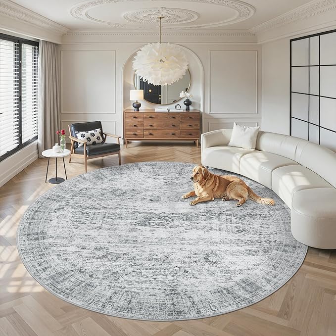 Soalmost 9x9 Grey Round Rug 9ft Living Room Circle Rug Vintage Round Area Rug by Soalmost
