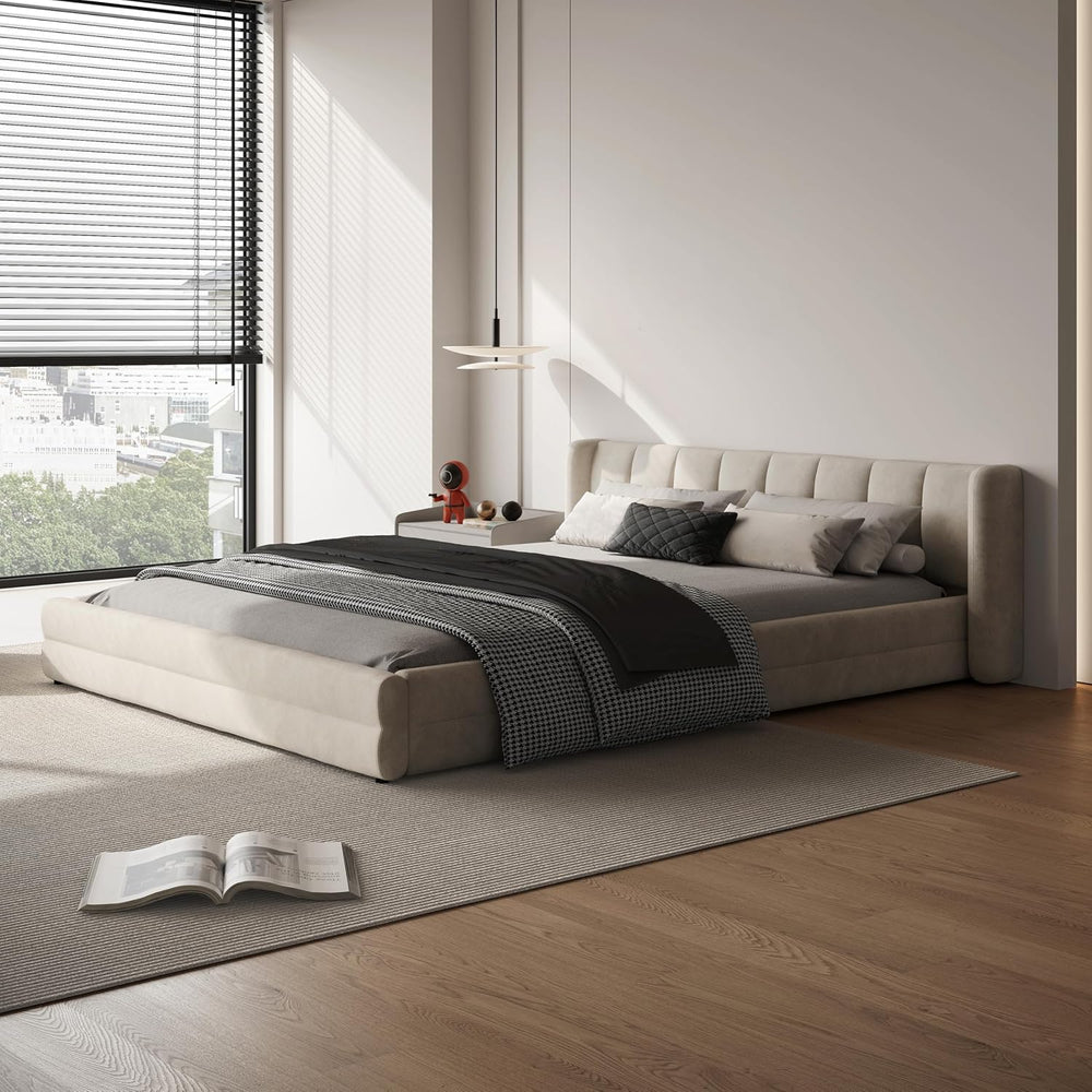 Queen Size Cloud Bed Frame with Soft Channel-Tufted Headboard
