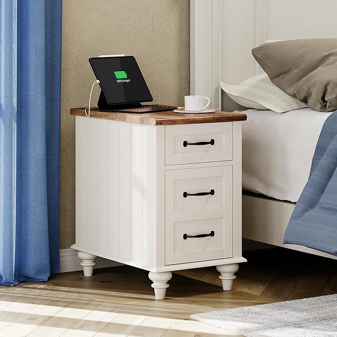 WAMPAT 2 Pack Off White End Table with Charging Station, Wood Side Sofa Table...
