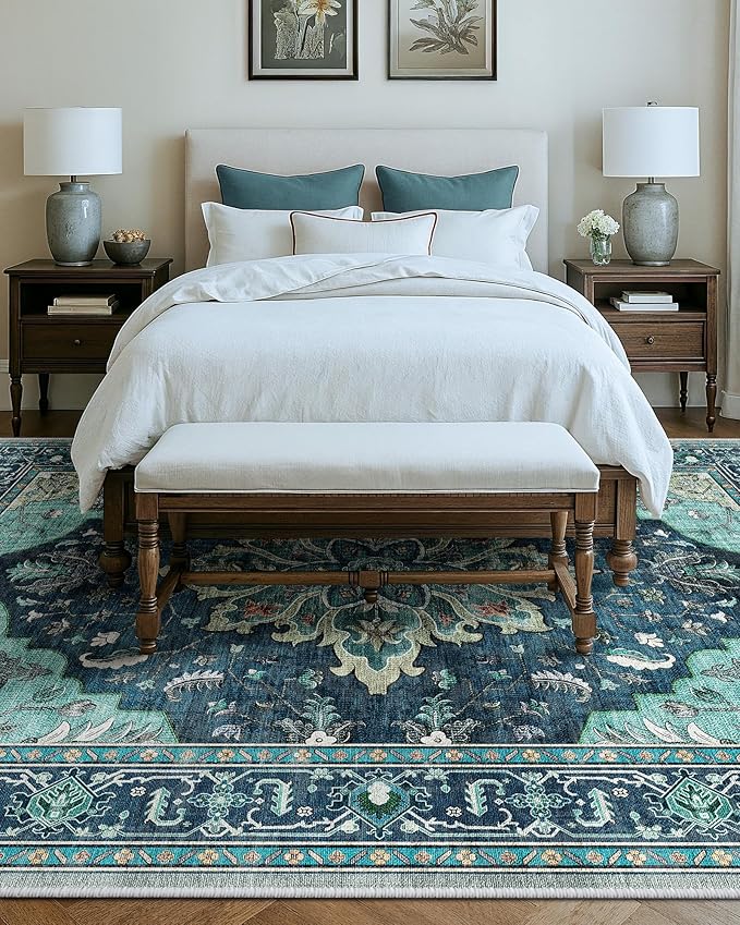 Area Rugs 9'x12' Washable Non-Slip, Floral Vintage Distress Print Pattern - Image 8