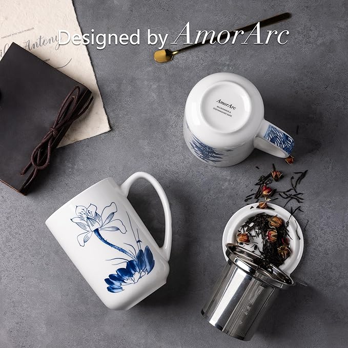 AmorArc Porcelain Tea Mug with Infuser and Lids, 18 Oz Large Cup Strainer with - Image 4