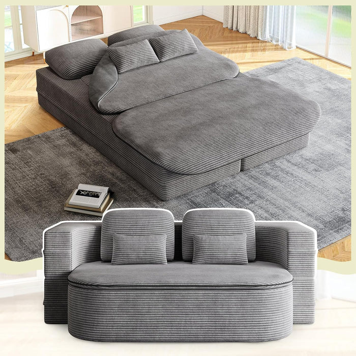 Antetek Convertible Sleeper Sofa, Modern Folding Futon Corduroy Floor Foam Compression Loveseat Sofa Bed Couch, Foldable Full Size Guest Bed with 4 Pillows for Living Room Bedroom Apartment, Grey