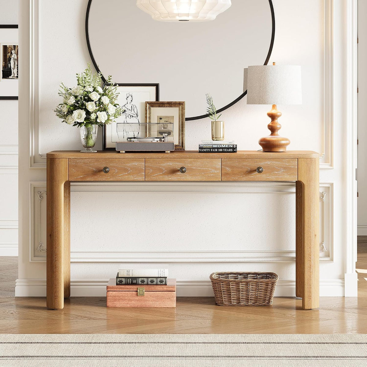 52“ Rustic Console Table with Curved Corners for Safety, Entryway Table with 3 Concealed Drawers, Sturdy Sofa Table with Thick Legs for Hallway & Living Room(Natural)