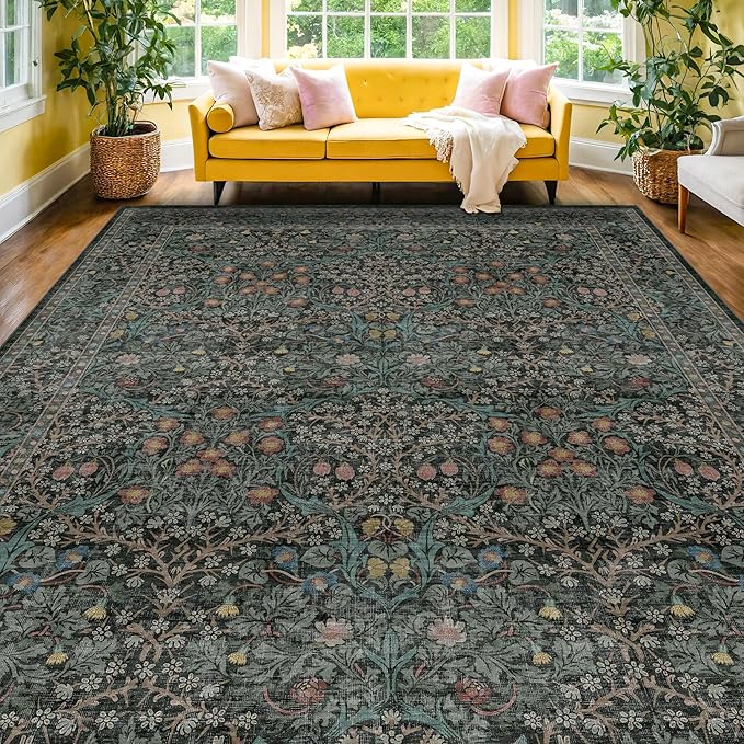 Vintage Dark Green Living Room Rug, 7x10 Washable Area Rugs by HazoHaus