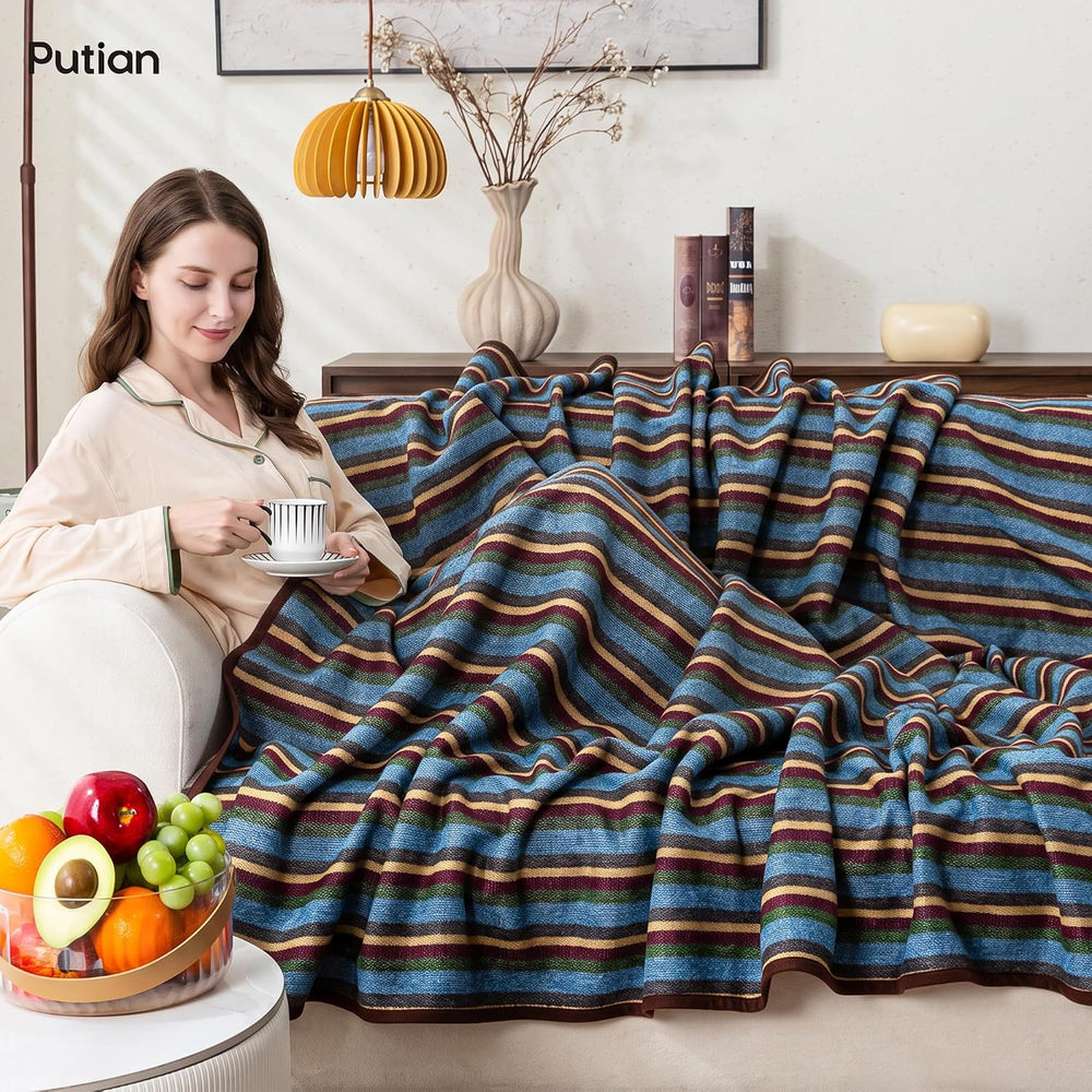PuTian Merino Wool Blanket, 87" x 63", Retro Multicolor Stripes