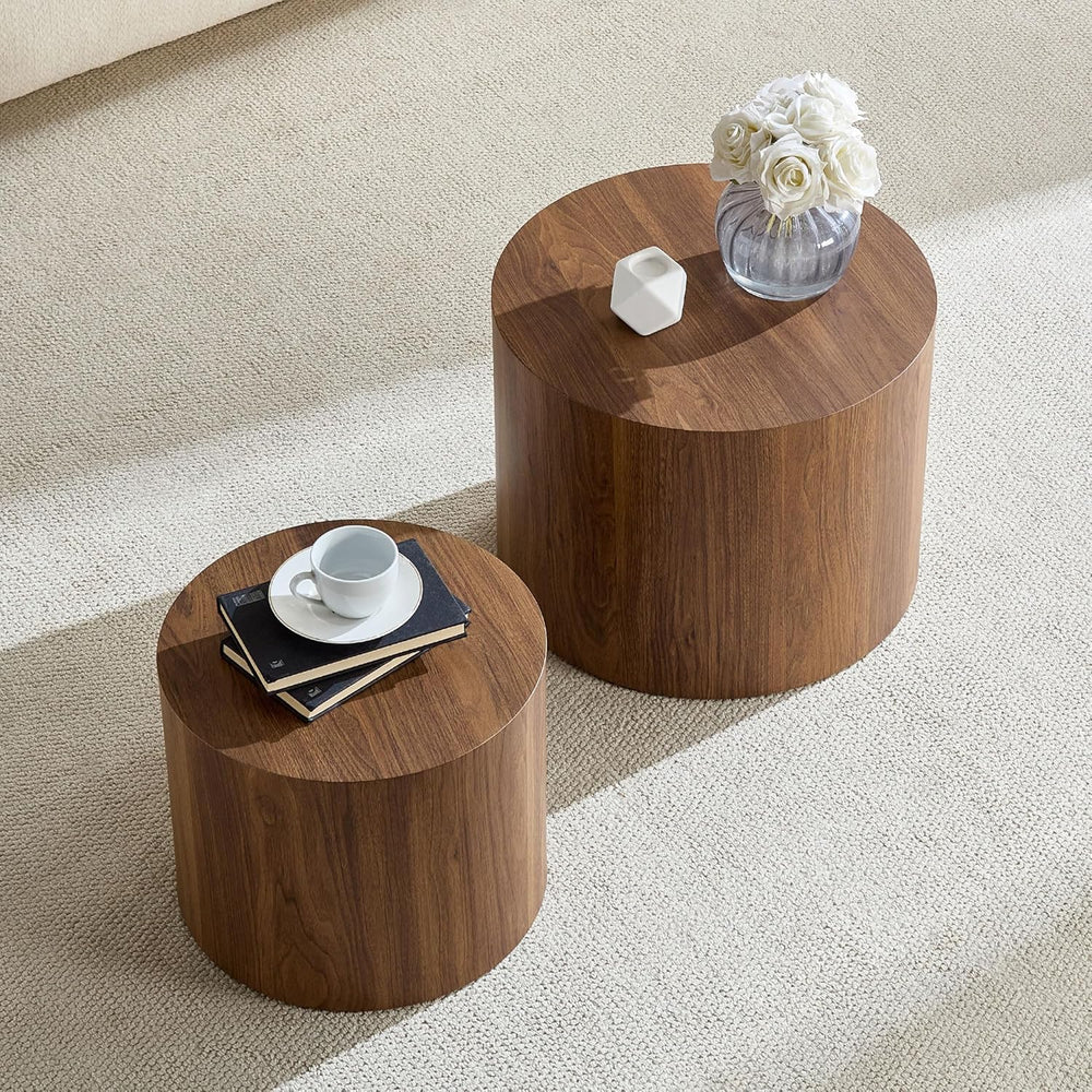 Round Coffee Table Set of 2, Nesting Coffee Table and End Table Set Wood Smal...